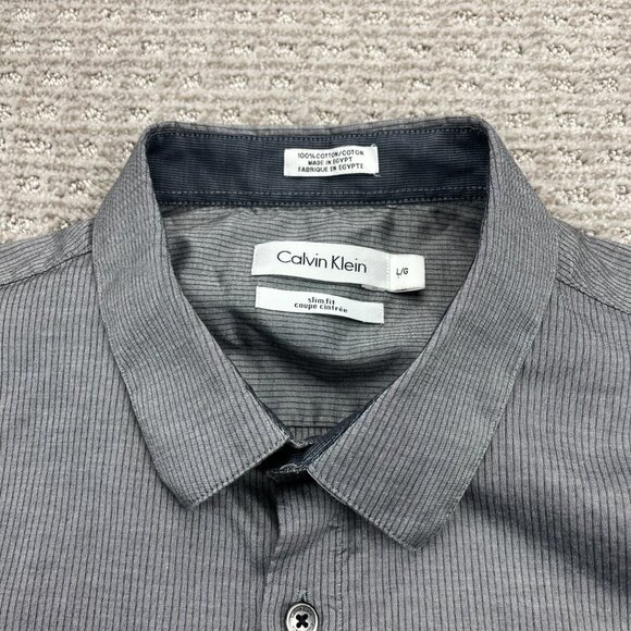 Calvin Klein Button Up Shirt Men Large L Slim Fit Gray Formal Dress Shirt Stripe - Picture 3 of 7
